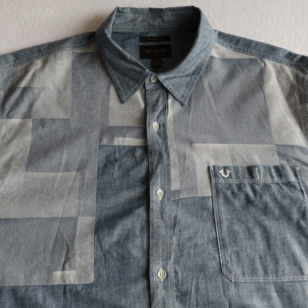 True Religion Mens Patchwork Chambray Denim Button Down Shirt Slim 3XL Blue